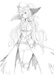  ayase_tamaki bandages belt cat cowboy_shot flower_knight_girl fox_face_(flower_knight_girl) greyscale hat highres lineart long_hair looking_at_viewer monochrome navel skirt smile solo thighhighs witch_hat 