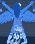  ambiguous_gender avian bdsm beak belt bird blood blue_feathers bondage bound butt chain feathers hair humanoid long_hair looking_at_viewer looking_back masochism nude peafowl shadowpelt simple_background tail_feathers wings zylen_andel 