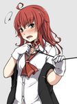  1girl ahoge arashi_(kantai_collection) blouse blush collar gloves grey_eyes kantai_collection kerchief leash messy_hair open_mouth red_hair usui_ryuusan vest white_blouse white_gloves 