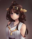  ahoge aiguillette bare_shoulders brown_background brown_hair closed_mouth collarbone detached_sleeves double_bun expressionless eyebrows eyebrows_visible_through_hair headgear highres japanese_clothes kantai_collection kimono kongou_(kantai_collection) long_hair long_sleeves looking_at_viewer neit_ni_sei nontraditional_miko purple_eyes simple_background solo upper_body 