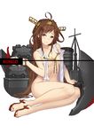  absurdres ahoge arm_support bad_feet bare_shoulders braid breasts brown_eyes censored collarbone half-closed_eyes highres kantai_collection kongou_(kantai_collection) long_hair medium_breasts navel no_panties simple_background solo turret white_background zxj 