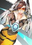  bodysuit brown_hair dual_wielding goggles gun holding jacket lips looking_at_viewer orange_bodysuit overwatch shazhiqiao short_hair solo spiked_hair tracer_(overwatch) weapon 