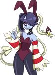  bare_shoulders blue_skin bunny_ears bunnysuit detached_collar detached_sleeves female hair_over_one_eye leviathan_(skullgirls) red_eyes side_ponytail skullgirls squigly_(skullgirls) stitched_mouth stitches zombie 