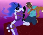  2016 anthro anthrofied ball_gag bdsm bell blue_eyes blue_hair bondage bound canine collar duo equine eyeshadow female fox friendship_is_magic gag hair horn magic_inhibitor makeup male mammal my_little_pony nightgown nightmare_moon_(mlp) ring rope rope_bondage slit_pupils sparkles spiderweber winged_unicorn wings 
