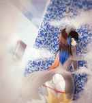  2016 anthro blue_highlights brown_hair butt canine clothing derpah female hair highlights looking_back mammal pussy shower smile solo steam thong water wet 