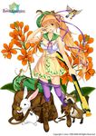  ahoge bag beret bird blush boots bow brown_footwear bunny chipmunk city_forest_online epidendrum_(flower_knight_girl) flower flower_knight_girl full_body green_hat green_sailor_collar gun hair_ribbon hat knee_boots leaf_print long_hair looking_at_viewer mouse object_namesake official_art one_eye_closed orange_hair pantyhose pantyhose_pull print_skirt purple_bow purple_legwear purple_ribbon raccoon red_eyes ribbon sailor_collar side_ponytail skirt solo squirrel standing tress_ribbon very_long_hair weapon yellow_skirt 