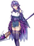  anemone_(flower_knight_girl) armor ayase_tamaki blue_eyes blue_skirt cowboy_shot flower_knight_girl hair_ornament hairclip highres huge_weapon long_hair looking_at_viewer polearm purple_hair purple_legwear skirt smile solo spear standing thighhighs weapon 