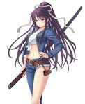  artist_request belt black_hair collarbone denim grey_ribbon hair_ribbon hand_on_hip highres holding holding_sword holding_weapon kanzaki_kaori long_hair midriff navel purple_eyes ribbon shirt simple_background solo sword tied_shirt to_aru_majutsu_no_index weapon white_background white_shirt 