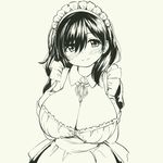  apron blush breasts cleavage detached_collar greyscale huge_breasts long_hair maid maid_apron maid_headdress marker_(medium) monochrome original pas_(paxiti) sketch solo traditional_media 