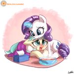  bedding blanket coco_pommel_(mlp) duo earth_pony equine female feral food friendship_is_magic horn horse ill lumineko mammal my_little_pony patreon pony rarity_(mlp) simple_background soup tears tissue unicorn 