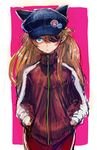  animal_ears animal_hat badge bangs black_hat blue_eyes bodysuit boyaking brown_hair button_badge cabbie_hat closed_mouth cowboy_shot evangelion:_3.0_you_can_(not)_redo eyepatch fake_animal_ears frown hair_ornament hair_over_one_eye hands_in_pockets hat hat_ornament jacket long_hair long_sleeves looking_at_viewer neon_genesis_evangelion outside_border pilot_suit pink_background plugsuit pocket rebuild_of_evangelion red_jacket shaded_face shikinami_asuka_langley simple_background single_vertical_stripe sketch skull_print solo souryuu_asuka_langley standing track_jacket turtleneck two_side_up zipper 