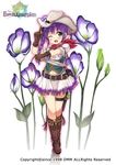  ;d belt blush boots braid brown_footwear brown_gloves chin_strap copyright_name cowboy_hat dagger eustoma fang floral_background flower flower_knight_girl fringe_trim full_body gloves green_eyes hand_up hat hat_flower holding holding_dagger holding_weapon knee_boots legs_together lisianthus_(flower_knight_girl) long_hair looking_at_viewer navel object_namesake official_art one_eye_closed open_mouth outstretched_arm purple_hair red_scarf reverse_grip scarf short_sleeves side_ponytail skirt smile solo standing thigh_strap utsurogi_akira weapon white_background white_skirt 
