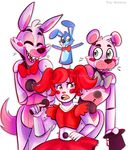  2016 animatronic anthro bear blush bow_tie canine clothing dress eyes_closed fangs five_nights_at_freddy&#039;s five_nights_at_freddy&#039;s_2 five_nights_at_freddy&#039;s_sister_location fox funtime_foxy_(fnaf) funtime_freddy_(fnaf) fur group hair humanoid lagomorph laugh machine mammal microphone pink_fur puppet puppet_bonnie_(fnaf) rabbit red_hair ribbons robot simple_background smile text the_sister_location toy-bonnie toy_bonnie_(fnaf) video_games watermark white_fur 