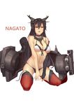  absurdres ass_visible_through_thighs bare_shoulders bikini black_hair brown_eyes chain choker elbow_gloves fingerless_gloves gloves highres kantai_collection kneeling lips long_hair nagato_(kantai_collection) navel parted_lips simple_background solo swimsuit thighhighs turret white_background zxj 