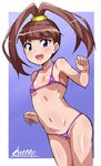  :d amano_nene artist_name bare_shoulders bikini blush brown_hair collarbone digimon digimon_xros_wars flat_chest high_ponytail highres long_hair micro_bikini navel open_mouth partially_visible_vulva purple_bikini purple_eyes shikapu shiny shiny_hair shiny_skin signature smile solo split_ponytail string_bikini swimsuit 