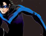  89g batman_(series) black_gloves black_hair bodysuit dc_comics dick_grayson domino_mask gloves male_focus mask nightwing simple_background solid_background thigh_strap 