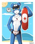  ? anthro anthrofied border bulge canine clothing digimon dog front_view gaomon hand_on_hip kanisom lifeguard male mammal navel pinup pose signature solo speech_bubble speedo standing swimsuit whistle 