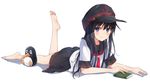  akatsuki_(kantai_collection) anchor_symbol barefoot black_hat black_skirt blush book closed_mouth failure_penguin feet full_body hachita_(odangoya) hat kantai_collection leg_up long_hair looking_at_viewer lying neckerchief on_stomach pleated_skirt purple_eyes red_neckwear school_uniform serafuku short_sleeves simple_background skirt sleeve_cuffs smile soles solo tareme the_pose toes white_background 