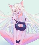  animal_ears barefoot black_bra black_hanekawa black_panties bra breasts cat_cutout cat_ear_panties cat_ears cat_lingerie cleavage cleavage_cutout fang hanekawa_tsubasa highres huge_filesize large_breasts long_hair meme_attire monogatari_(series) navel open_mouth panties qosic sitting smile solo stomach underwear underwear_only very_long_hair white_hair yellow_eyes 