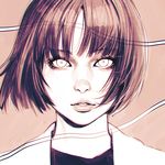  bangs blunt_bangs bob_cut brown_hair empty_eyes eyelashes ilya_kuvshinov lips looking_at_viewer original parted_lips portrait short_hair simple_background solo 