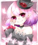  1girl aika_maple bare_shoulders bug butterfly choker elf eyebrows_visible_through_hair flower hair_between_eyes hat hat_flower insect looking_at_viewer lucid maplestory pink_hair pointy_ears smile solo 
