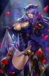  armor armored_dress black_armor breasts camilla_(fire_emblem_if) cleavage commentary eu03 fire_emblem fire_emblem_if gloves hair_over_one_eye highres huge_breasts impossible_clothes loincloth_lift long_hair micro_panties open_mouth panties petals purple_hair red_eyes see-through smile solo thick_thighs thighhighs thighs tiara underwear very_long_hair work_in_progress 