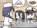  alternate_costume battleship_hime black_hair blobfish blonde_hair blue_eyes blue_hair cafeteria chef_hat commentary dated flat_top_chef_hat food gloves graf_zeppelin_(kantai_collection) green_eyes hair_between_eyes hamu_koutarou hat kantai_collection long_hair low_twintails multiple_girls oni_horns peaked_cap sausage shinkaisei-kan sidelocks spoken_food suzukaze_(kantai_collection) sweat twintails 