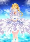  aldnoah.zero asseylum_vers_allusia blonde_hair braid cloud crown_braid dress earth green_eyes highres jewelry jpeg_artifacts juliet_sleeves long_sleeves nagayori necklace parted_lips puffy_sleeves sidelocks sky solo wading water white_dress 