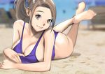  ass barefoot beach breasts brown_eyes brown_hair cleavage competition_swimsuit dytm feet_up highres large_breasts lips long_hair looking_at_viewer lying on_stomach one-piece_swimsuit original ponytail pool_monitor_part-timer_(dytm) smile soles solo swimsuit swimsuit_pull the_pose 