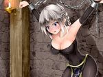  73gou_koudou arms_up bdsm blush bondage braids breasts candle chains cleavage erect_nipples female game_cg grey_hair impossible_clothes lilitales open_mouth purple_eyes solo sweat 