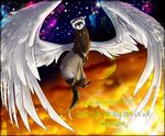  ambiguous_gender angel blue_eyes brown_fur cloud feathered_wings feathers feral ferret flying fur galaxy grandtickler hi_res looking_at_viewer mammal moon mustelid night_sky space star sunset text white_wings wings 