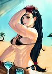  abs arnon_nahlek beach bikini black_bikini black_hair blue_sky breasts brown_eyes cocktail_glass commentary cup day drink drinking_glass earrings english_commentary final_fantasy final_fantasy_vii fingerless_gloves gloves hand_in_hair highres jewelry large_breasts lips long_hair looking_at_viewer low-tied_long_hair micro_bikini muscle muscular_female navel nose outdoors red_gloves side-tie_bikini sky smile solo strap_gap swimsuit tifa_lockhart 