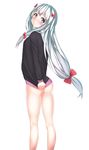  ass bad_id bad_pixiv_id bare_legs black_shirt blush bow closed_mouth eromanga_sensei eyelashes from_behind hair_bow head_tilt izumi_sagiri long_hair long_sleeves looking_at_viewer low-tied_long_hair mkt red_bow shirt shirt_tug simple_background smile solo tareme very_long_hair white_background 