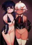  ass_visible_through_thighs bare_shoulders bikini_top black_hair black_rock_shooter blue_eyes blush bottomless breasts choker dark_skin detached_sleeves front-tie_top hair_ornament hairclip highres hood hoodie jacket kuroi_mato looking_at_viewer m-da_s-tarou multiple_girls navel necktie one-piece_tan open_clothes open_jacket open_mouth pussy red_eyes shirt short_hair short_twintails sleeveless sleeveless_shirt small_breasts strength_(black_rock_shooter) sweat tail tan tanline tattoo thighhighs track_jacket twintails wavy_mouth white_hair white_legwear 