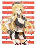  blonde_hair blue_eyes breasts cleavage elbow_gloves fingerless_gloves garter_straps gloves iowa_(kantai_collection) kantai_collection large_breasts long_hair masunosushi miniskirt skirt smile solo standing star star-shaped_pupils symbol-shaped_pupils thighhighs thumbs_up zettai_ryouiki 