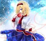 alice_margatroid apple artist_name bad_id bad_pixiv_id belt blonde_hair blue_dress capelet character_name cowboy_shot dress food frilled_cuffs frills fruit heart holding holding_food holding_fruit looking_at_viewer necktie open_mouth red_neckwear shanghai_bisu short_hair solo star touhou white_capelet wrist_cuffs 