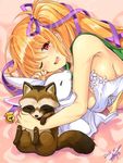 2016 bow breasts bunny city_forest_online cleavage dated epidendrum_(flower_knight_girl) flower_knight_girl hair_bow hair_ribbon large_breasts long_hair lying on_side one_eye_closed orange_hair pink_background purple_bow purple_ribbon raccoon red_eyes ribbon sample side_ponytail signature smile solo 