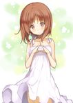  absurdres blush brown_eyes brown_hair collarbone dress girls_und_panzer hands_together highres long_hair maechuu nishizumi_miho smile solo sundress white_dress wind wind_lift 
