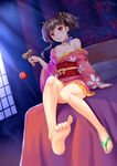  absurdres bare_shoulders barefoot beiyu breasts brown_hair cleavage feet highres japanese_clothes kendama kimono koutetsujou_no_kabaneri legs long_legs looking_at_viewer medium_breasts mumei_(kabaneri) off_shoulder sandals shoes single_shoe sitting smile solo two_side_up 