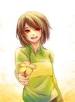  androgynous brown_hair chara_(undertale) collared_shirt dated flower highres holding holding_flower open_mouth panther_fam. red_eyes shirt signature smile solo spoilers striped striped_shirt undertale upper_body 