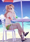  aikatsu! aikatsu!_(series) bare_arms bare_legs bare_shoulders beach beach_umbrella bikini_top blue_sky blush brown_hair buckle chair chin_rest cloud collarbone crossed_legs cup day drink drinking_glass drinking_straw earrings eyewear_on_head funyariko green_shorts hair_ornament hands_up highres horizon jewelry liquid long_hair looking_at_viewer mouth_hold multicolored_hair natsuki_mikuru navel no_legwear ocean outdoors own_hands_together pink_lips ponytail red_bikini_top red_eyes red_hair sand sandals shore short_shorts shorts sitting sky solo star star_earrings star_hair_ornament stomach streaked_hair summer sunglasses table tropical_drink umbrella water 