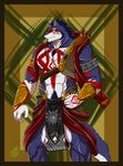  2016 abs anthro biceps canine chest_tuft clothed clothing eye_patch eyewear fur hair hi_res jewelry loincloth male mammal manly muscular necklace nipples pecs scar shade_the_wolf simple_background solo standing tribal tuft wolf 
