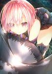  armor bare_shoulders black_dress black_legwear blush commentary_request dress elbow_gloves eyebrows eyebrows_visible_through_hair fate/grand_order fate_(series) gloves hair_over_one_eye leaning_forward looking_at_viewer mash_kyrielight pink_eyes pink_hair shield short_hair smile solo sune_(mugendai) thighhighs 