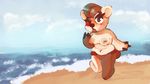  2016 3_fingers anthro beach bear big_breasts bikini blue_eyes blush breasts clothing digital_media_(artwork) female fur hair katherine_(character) looking_at_viewer mammal nipples open_mouth outside panda panties roodkat sea seaside sky slightly_chubby slighty_chubby solo swimsuit underwear water 