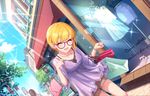  ^_^ artist_request bag bangs blonde_hair blush bracelet closed_eyes collarbone day glasses idolmaster idolmaster_cinderella_girls idolmaster_cinderella_girls_starlight_stage jewelry miyamoto_frederica necklace official_art open_mouth shopping shopping_bag short_hair shorts sky smile solo sparkle 