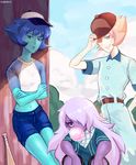  3girls alternate_costume amethyst_(steven_universe) baseball_bat baseball_uniform blue_eyes blue_hair blue_skin bubblegum cloud crossed_arms grin hair_over_one_eye highres lapis_lazuli_(steven_universe) midriff multiple_girls pearl_(steven_universe) purple_skin ruruharuru smile sportswear steven_universe white_skin 