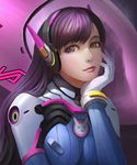  animal_print bangs blush bodysuit breasts bunny_print chin_rest closed_mouth d.va_(overwatch) eyelashes gloves head_rest head_tilt headphones kaze_no_gyouja lips long_hair looking_at_viewer looking_to_the_side mecha medium_breasts meka_(overwatch) overwatch pink_eyes pink_lips purple_hair shiny shiny_skin solo swept_bangs upper_body white_gloves 