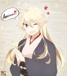  ahoge bad_id bad_twitter_id blonde_hair blue_eyes english hair_between_eyes hands_together iowa_(kantai_collection) japanese_clothes kantai_collection kimono long_hair one_eye_closed smile solo souji star 