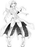  ayase_tamaki belt book flower_knight_girl full_body greyscale highres hood legs_apart lineart long_hair looking_at_viewer monochrome purple_tulip_(flower_knight_girl) shawl shoes skirt solo standing thighhighs twintails zettai_ryouiki 