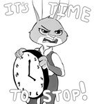  2016 anthro big_ears clock clothed clothing disney female judy_hopps lagomorph long_ears mammal meme monochrome rabbit reaction_image simple_background text unknown_artist white_background zootopia 